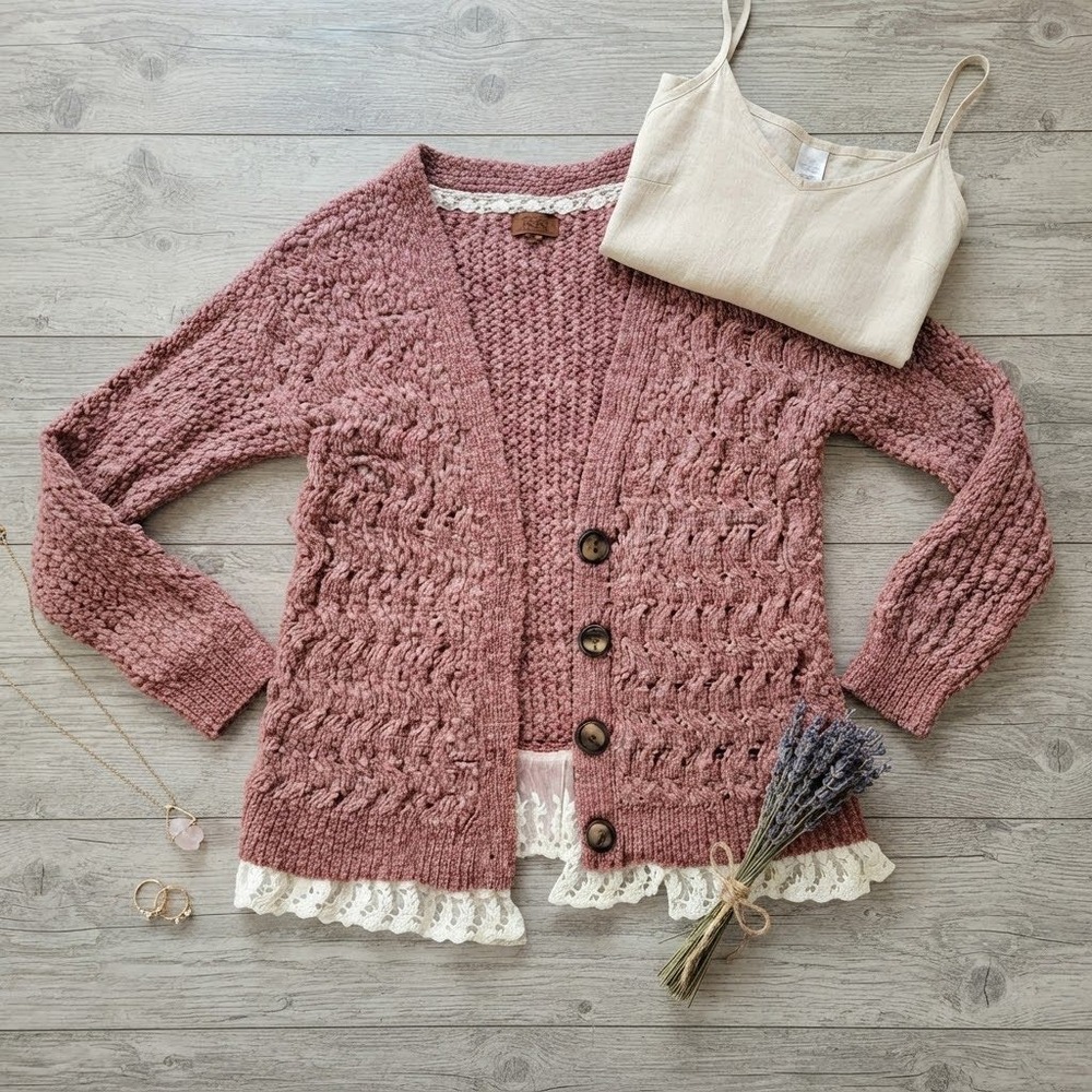 POL Womens Chenille Knit Lace Trim Cardigan Dusty Rose Pink Boho Sweater Size M
